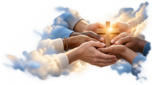 Diverse hands joined around a cross, symbolising community and belonging