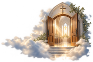 Contact Us · A warm welcome Open church doors with warm light, a cross and olive branches