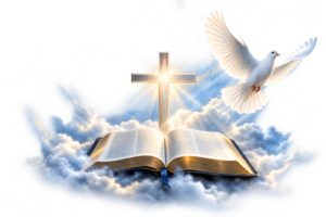 An open Bible, illuminated cross and white dove emerging from clouds