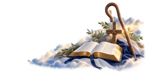 An open Bible, shepherd’s crook and cross among soft clouds