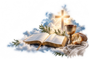Our Services · Worship and communion Bible, communion chalice and bread beneath a glowing cross